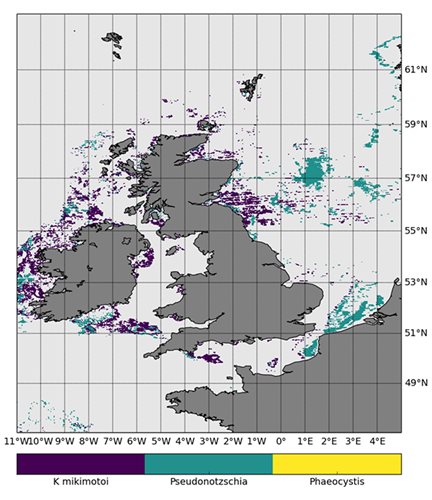 Areas at risk from different HAB species during a week in summer 2015. This sort of data can be used to understand seasonal risk and adapt business practices accordingly.