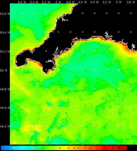 False colour chlorophyll concentration of the Cornish coast (MODIS 500m resolution)