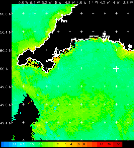 False colour chlorophyll concentration of the Cornish coast (VIIRS 1km resolution)